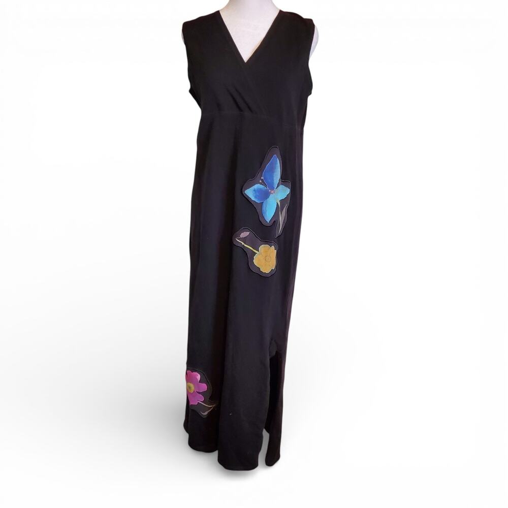 Vintage 90s Black Floral Embroidered Sleeveless Maxi Dress V Neck Cottagecore